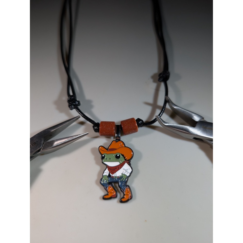 Handmade Cowboy Frog Repurposed Enamel Pin Necklace Adjustable Black Cord